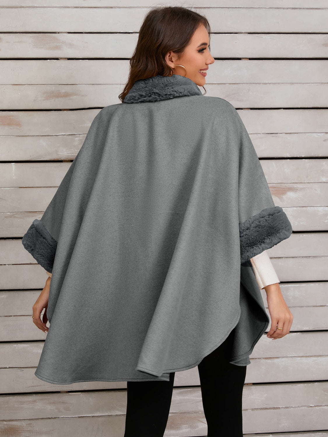 Fuzzy Trim Long Sleeve Poncho (tan/grey/black)