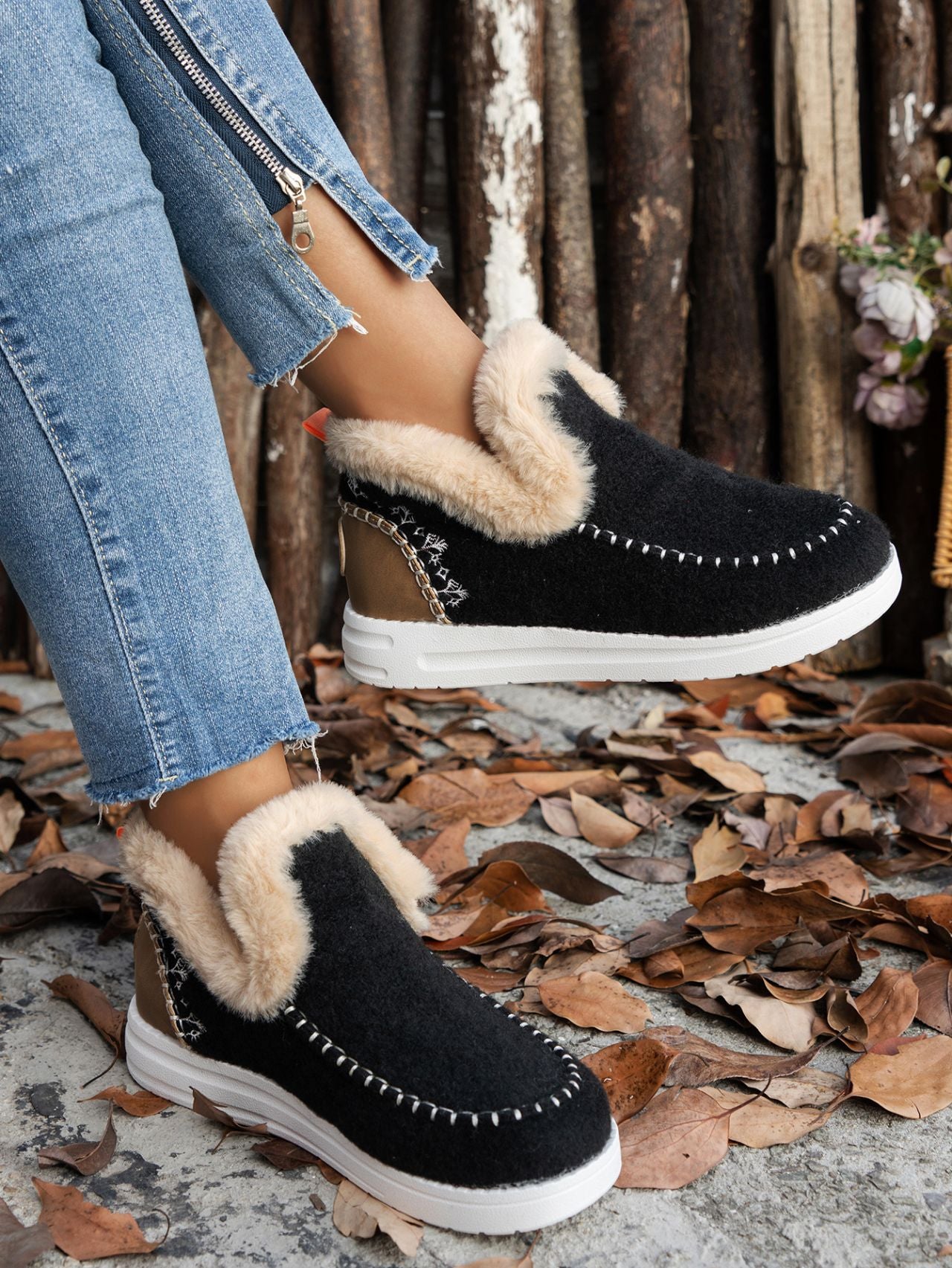 Furry Suede Round Toe Flat slip on boots (navy/chocolate/black/gray/beige)