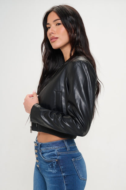 Zip Up Cropped Bomber Vegan Leather Jacket-SMALL-XL