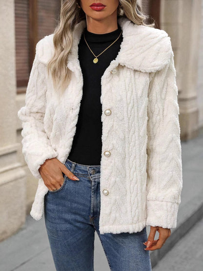 Fuzzy Texture Button Up Collared Neck Coat-SMALL-XL