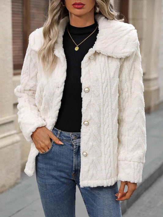 Fuzzy Texture Button Up Collared Neck Coat-SMALL-XL