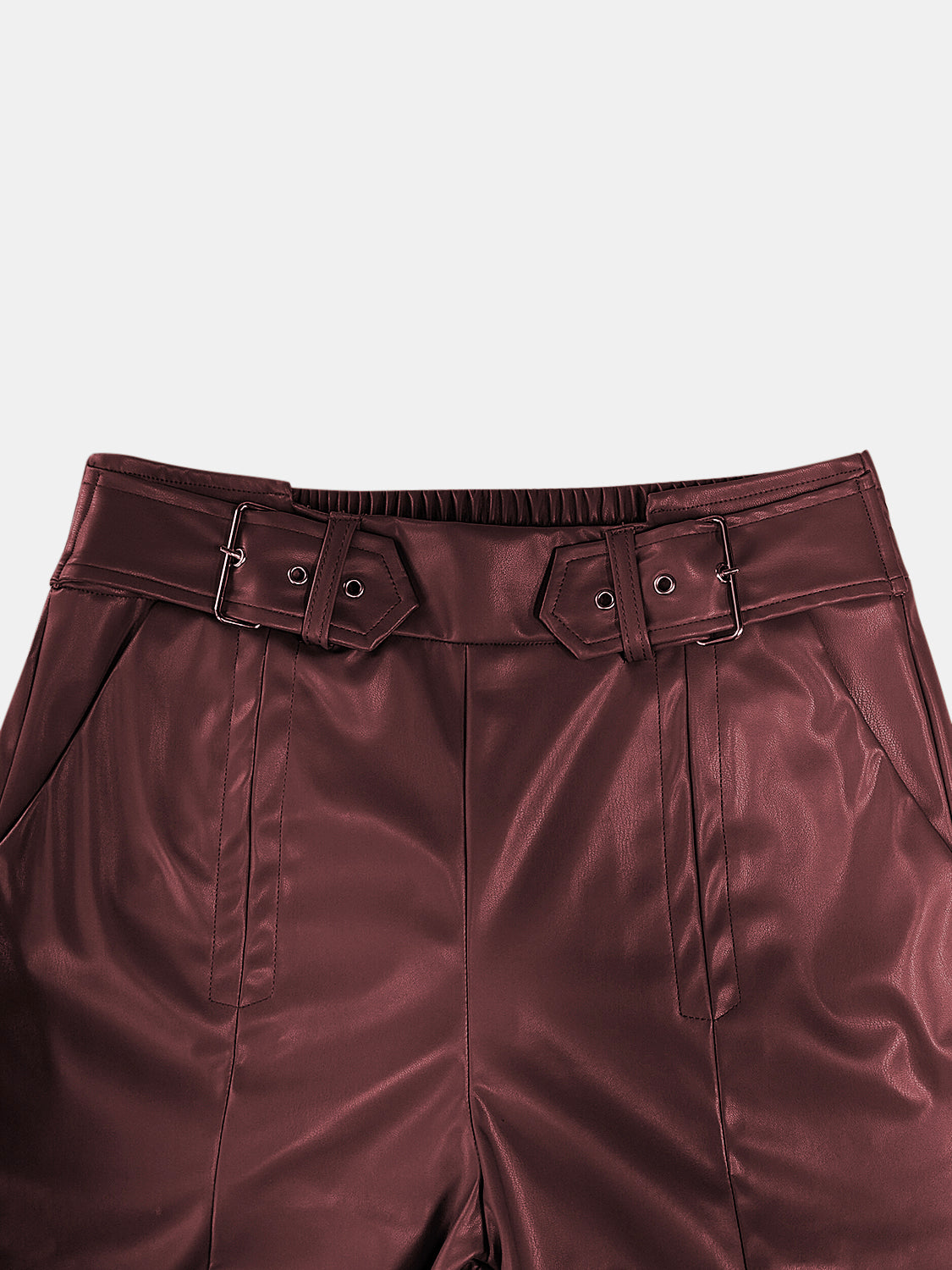 Pu Leather Half Elastic Waist Wide Leg Pants (moss/burgundy/black)-SMALL-2XL
