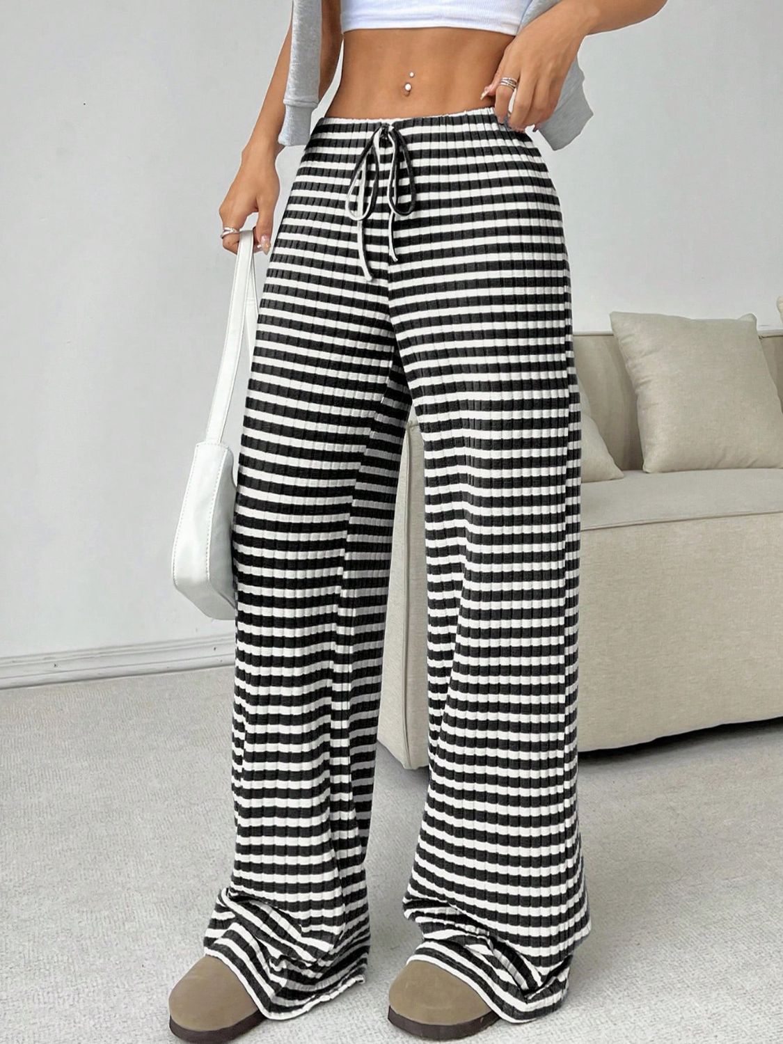 Tied Striped Wide Leg Pants (pink/grey/black/blue/taupe)-SMALL-2XL