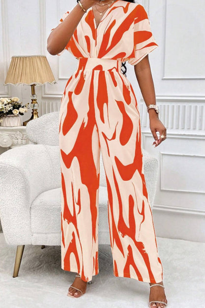 Printed V-Neck Short Sleeve Wide Leg Jumpsuit (black/orange/brown/green)-SMALL-2XL