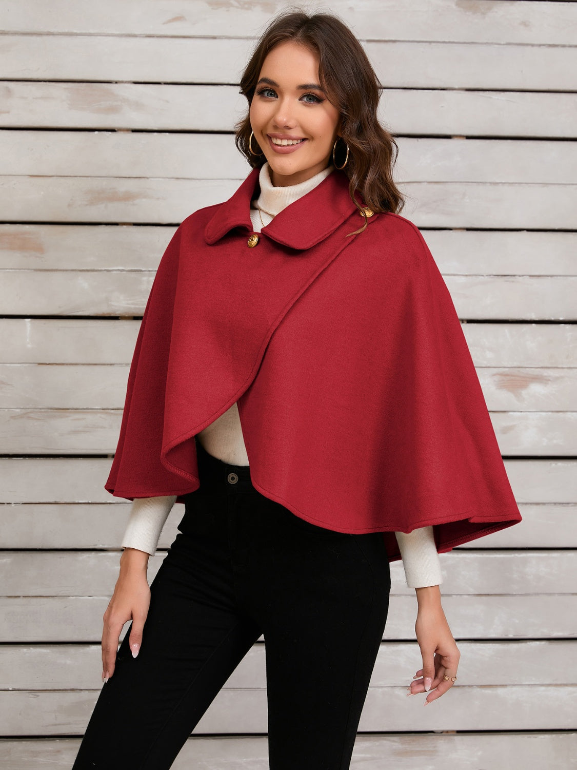 Collared Neck Cropped Cape (deep red/black/camel)-ONE SIZE