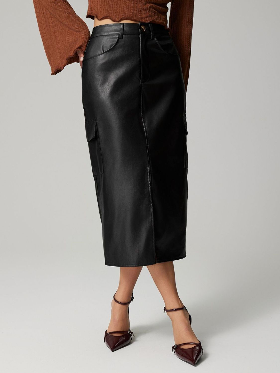 PU Leather Slit Midi Skirt with Pockets (dk. brown/black)-SMALL-XL
