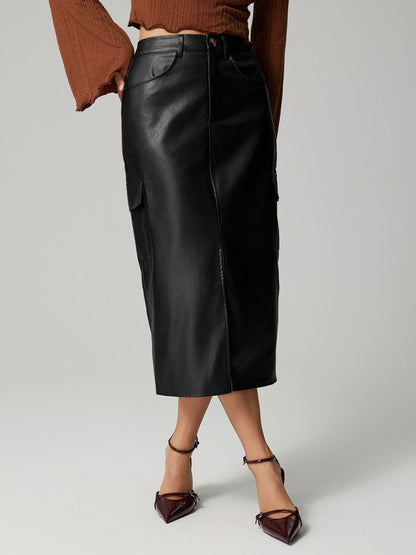 PU Leather Slit Midi Skirt with Pockets (dk. brown/black)-SMALL-XL