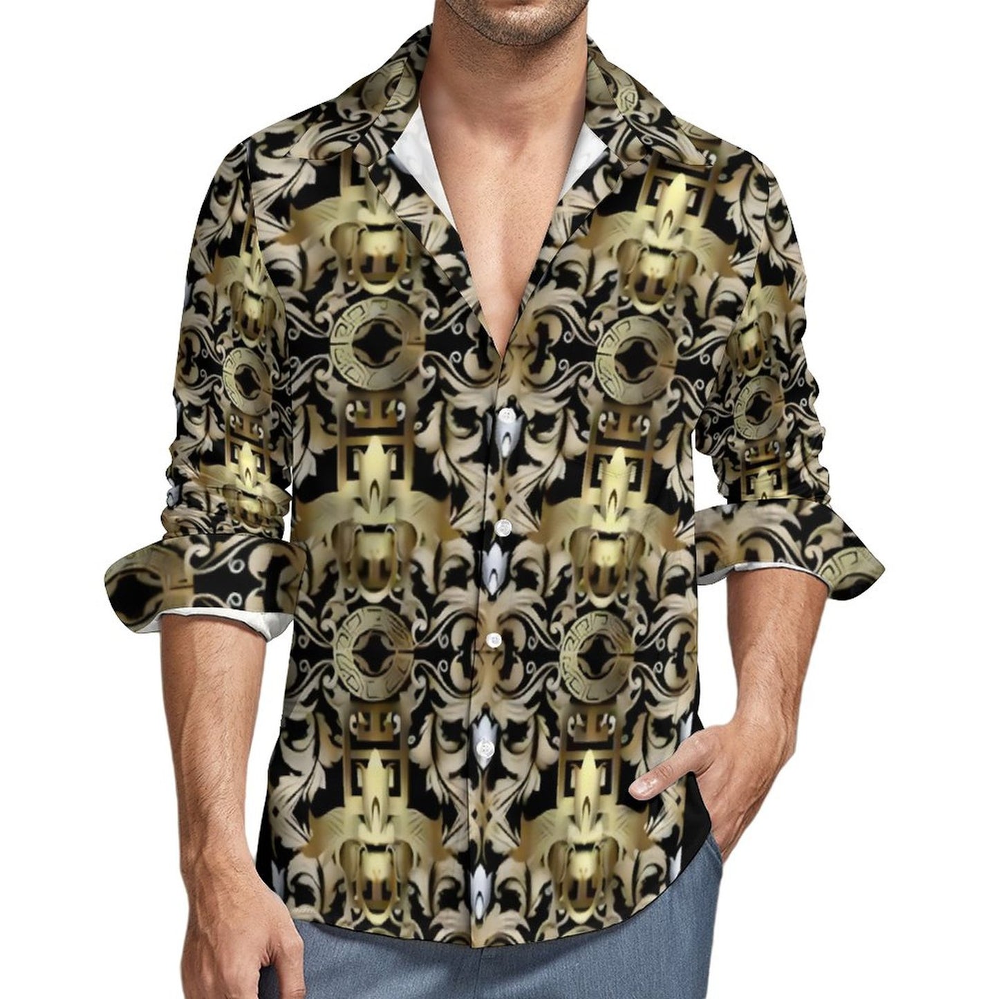 Faux Linen Men Long Sleeve Shirt with Pocket(All-Over Printing)