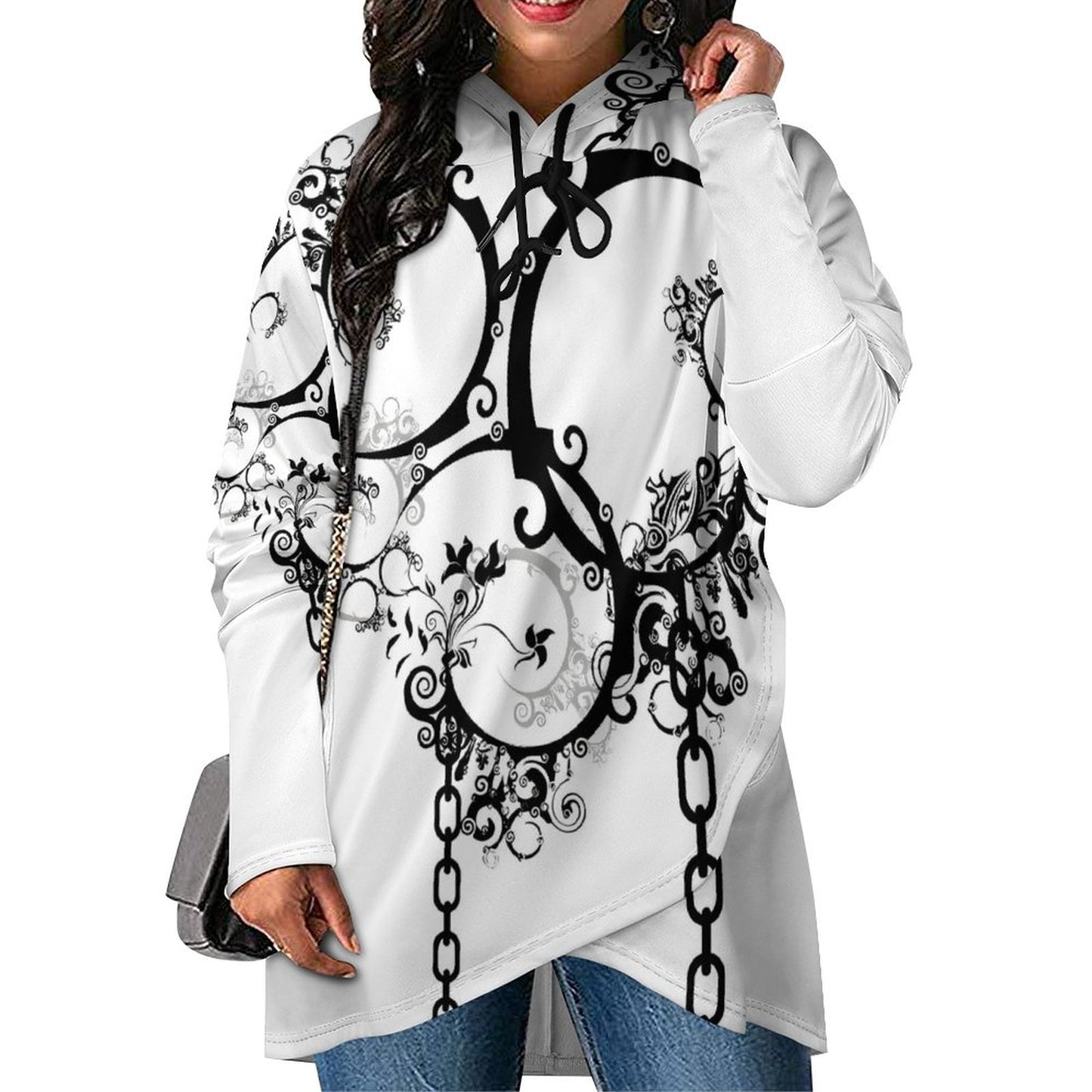 230gsm Poncho-style Long Sleeve Women Hoodie with Irregular Hem DS001 (All-Over Printing)