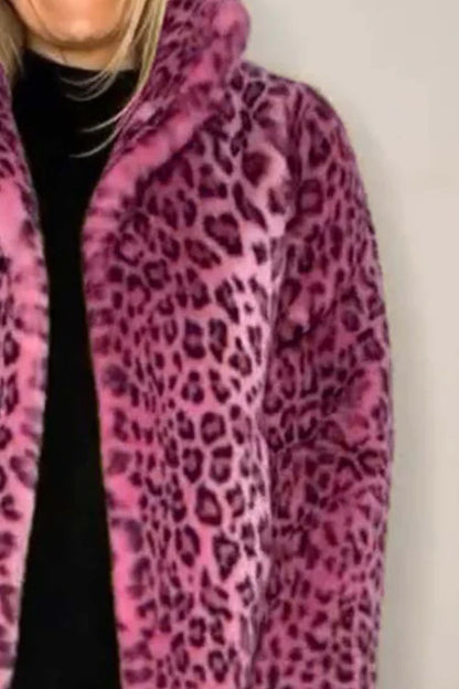 Full Size Leopard Fur Collared Neck Long Sleeve Coat (camel/grey/blue/cerise or red/pink)-SMALL-3XL