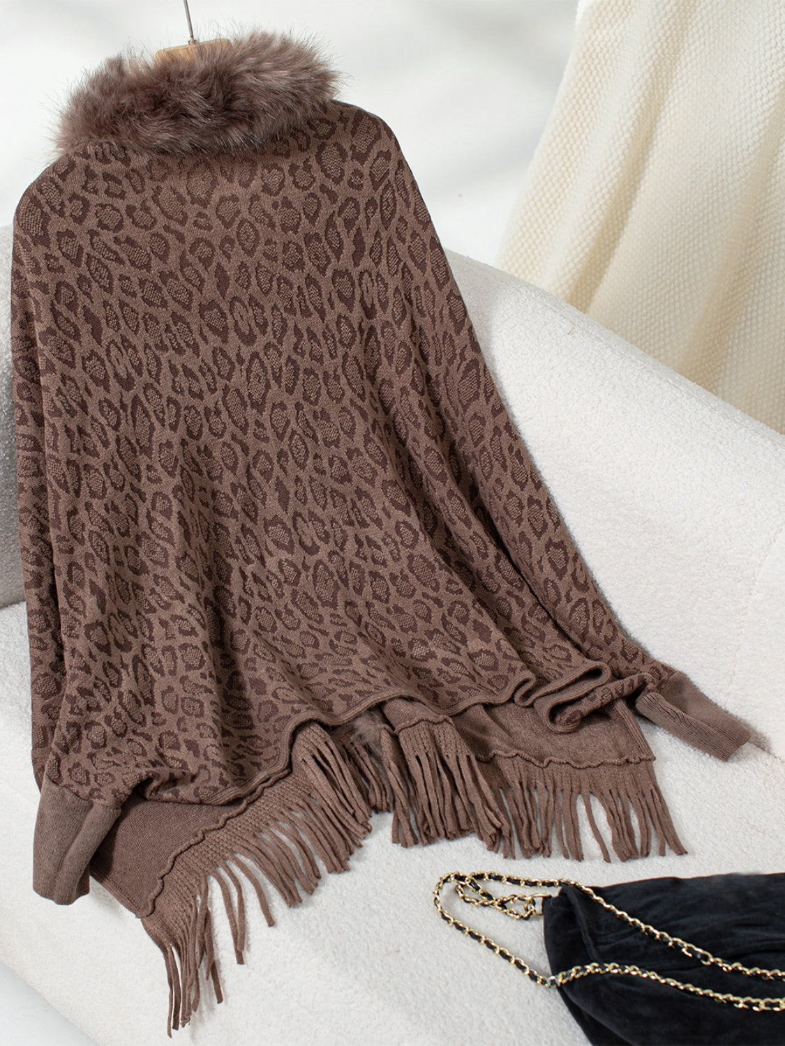 Fringe Leopard Open Front Long Sleeve Poncho (beige/chocolate/indigo/burgundy/brown/black)