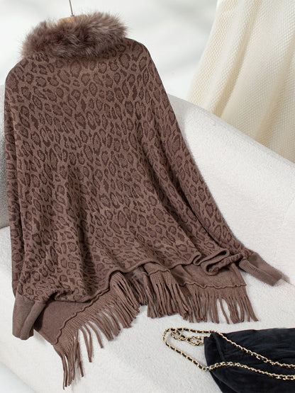 Fringe Leopard Open Front Long Sleeve Poncho (beige/chocolate/indigo/burgundy/brown/black)