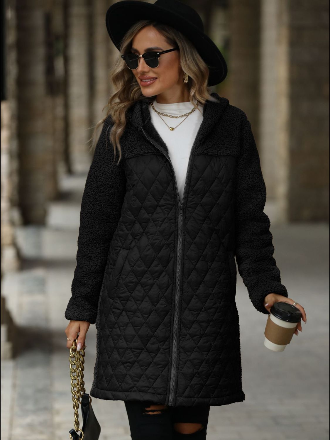 Texture Zip Up Long Sleeve Hooded Coat (caramel/off white/black/green)-SMALL-2XL)