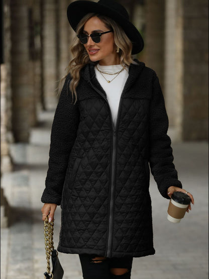 Texture Zip Up Long Sleeve Hooded Coat (caramel/off white/black/green)-SMALL-2XL)