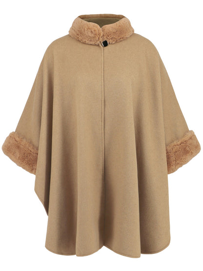 Fuzzy Trim Long Sleeve Poncho (tan/grey/black)
