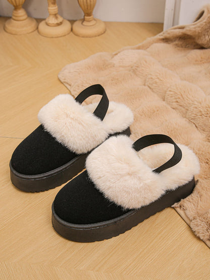 Faux Fur Round Toe Platform Slippers (beige/black/caramel)