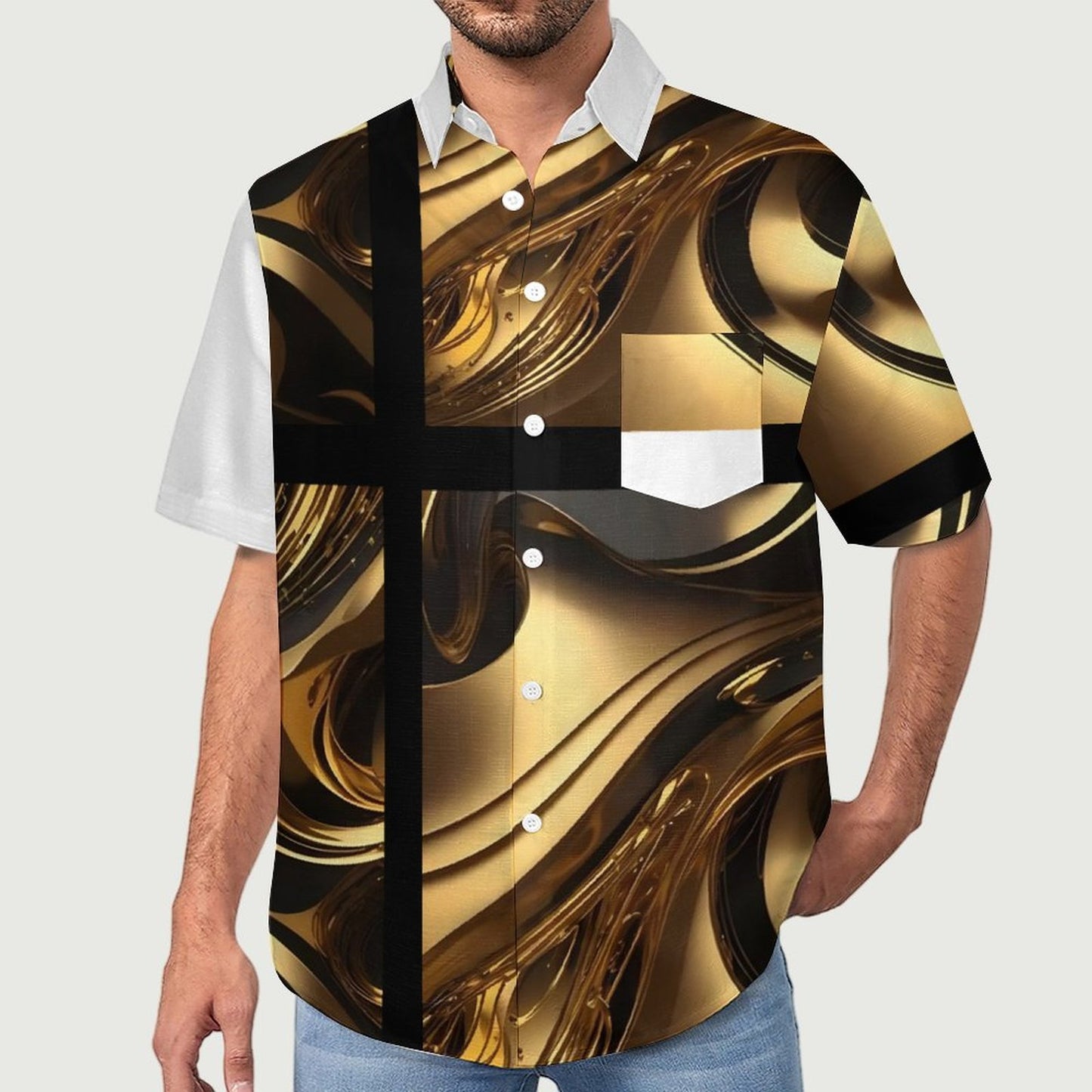 Slubbed Fabric Short Sleeve Shirt with Pocket B339 (All-Over Printing)