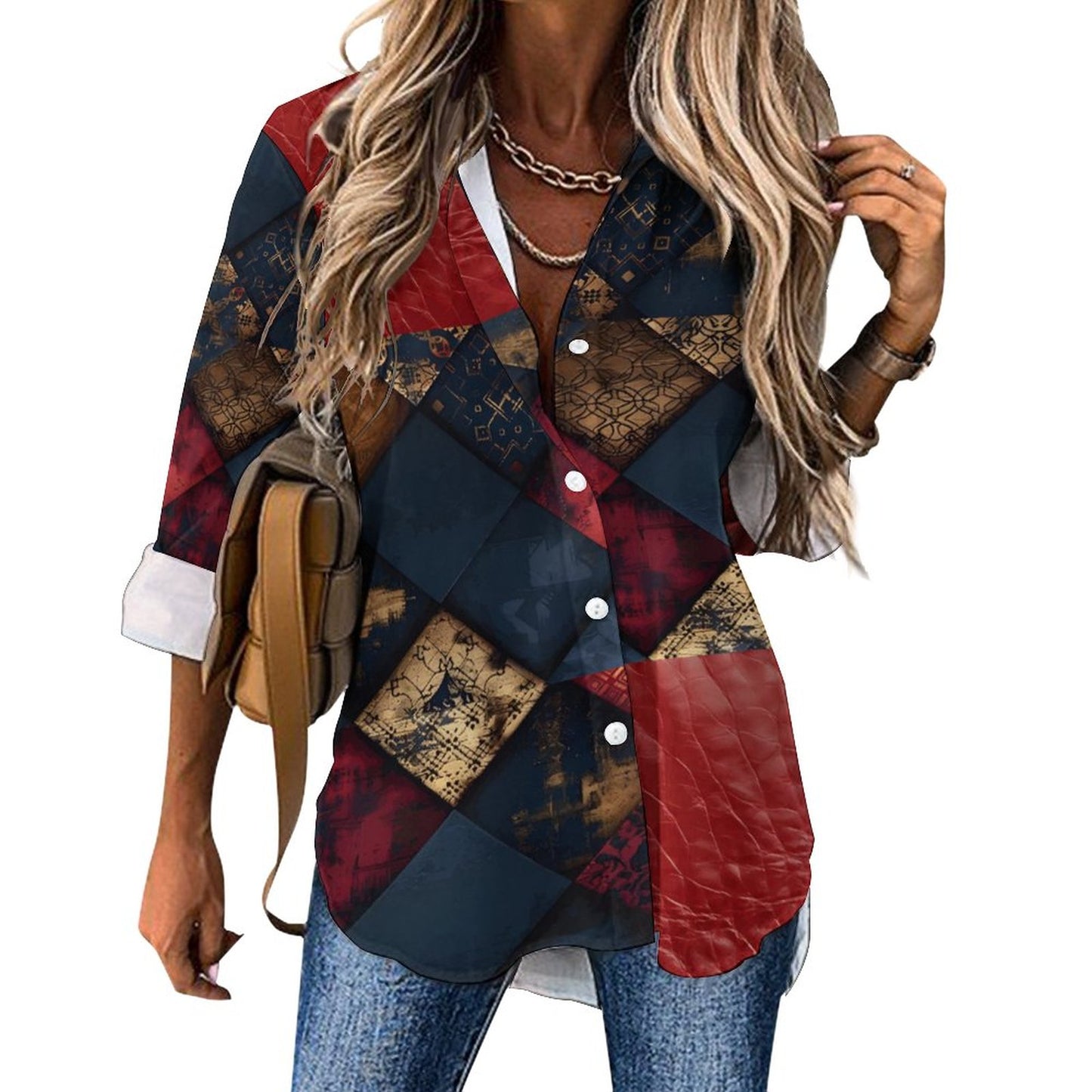 TRIANGLES & LEATHER Women's Shirt-Irregular hem-*SMALL-8XL