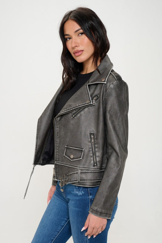 Coalition LA Zip Up Biker Vegan Leather Jacket with Belt-S-XL