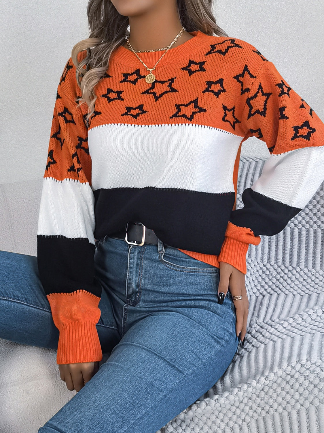 Star Contrast Round Neck Sweater-SMALL-XL