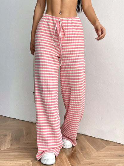 Tied Striped Wide Leg Pants (pink/grey/black/blue/taupe)-SMALL-2XL