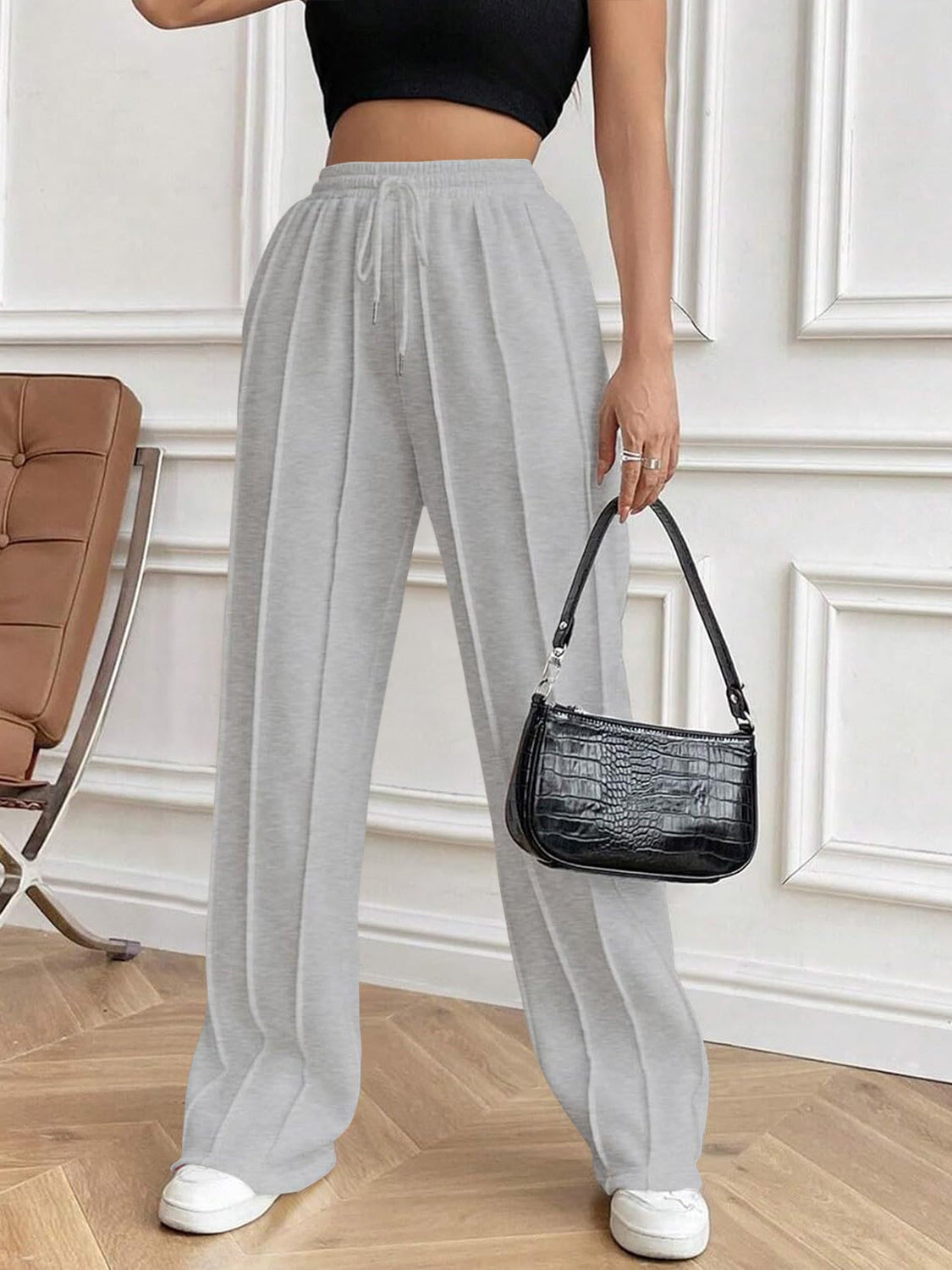 Drawstring Elastic Waist Pants with Pockets (white/black/grey/brown/dusty pink)-XS-2XL