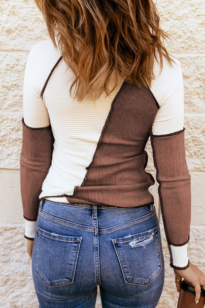 Color Block Round Neck Long Sleeve Blouse (brown/grey/white/kaki/burgundy/blue/green)-S-XL