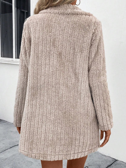 Fuzzy Button Up Long Sleeve Fur Coat with Pockets-SMALL-XL