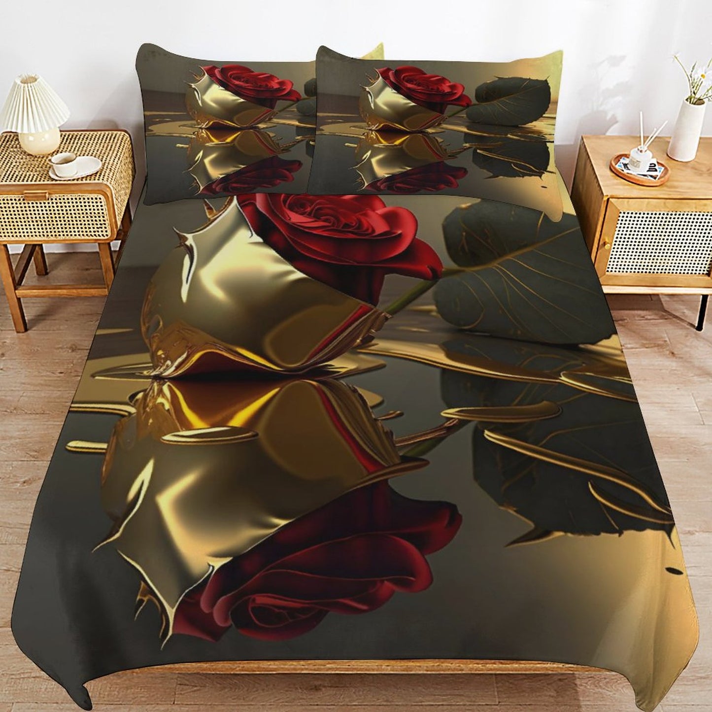 ROSE IN GOLD 3-Piece Bedding Set-102"x90"/ 259x229cm (Dual-sided Printing)
