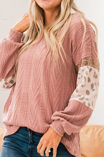 Sequin Leopard Round Neck Long Sleeve Sweater-SMALL-XL