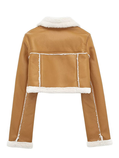 Collared Neck Long Sleeve Plush Cropped Leather Jacket (chocolate & white/black & white/mustard & white/black & reddish brown/brown & reddish brown/coffee brown/burgundy)-SMALL-LARGE