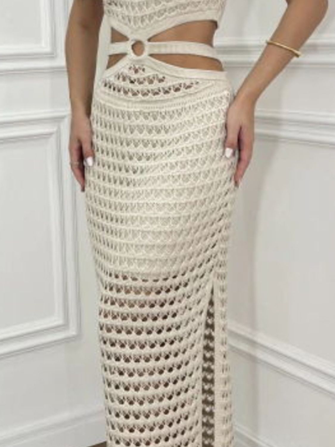 Cutout Slit Round Neck Sweater Dress (beige/taupe/white/sage/orange-red)-SMALL-XL