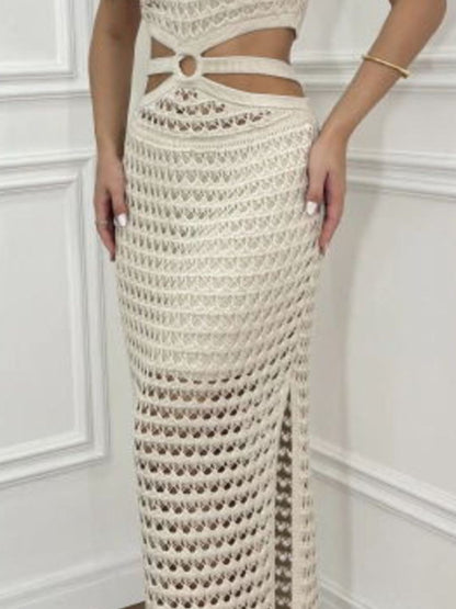 Cutout Slit Round Neck Sweater Dress (beige/taupe/white/sage/orange-red)-SMALL-XL