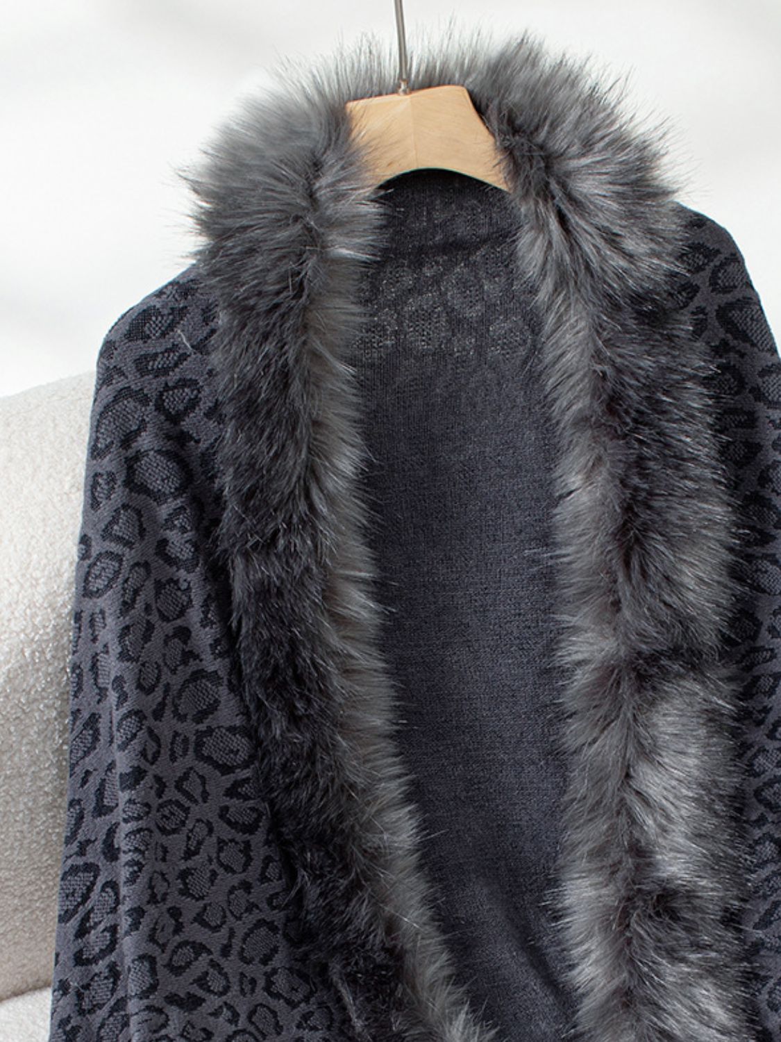 Fringe Leopard Open Front Long Sleeve Poncho (beige/chocolate/indigo/burgundy/brown/black)