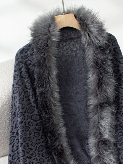 Fringe Leopard Open Front Long Sleeve Poncho (beige/chocolate/indigo/burgundy/brown/black)