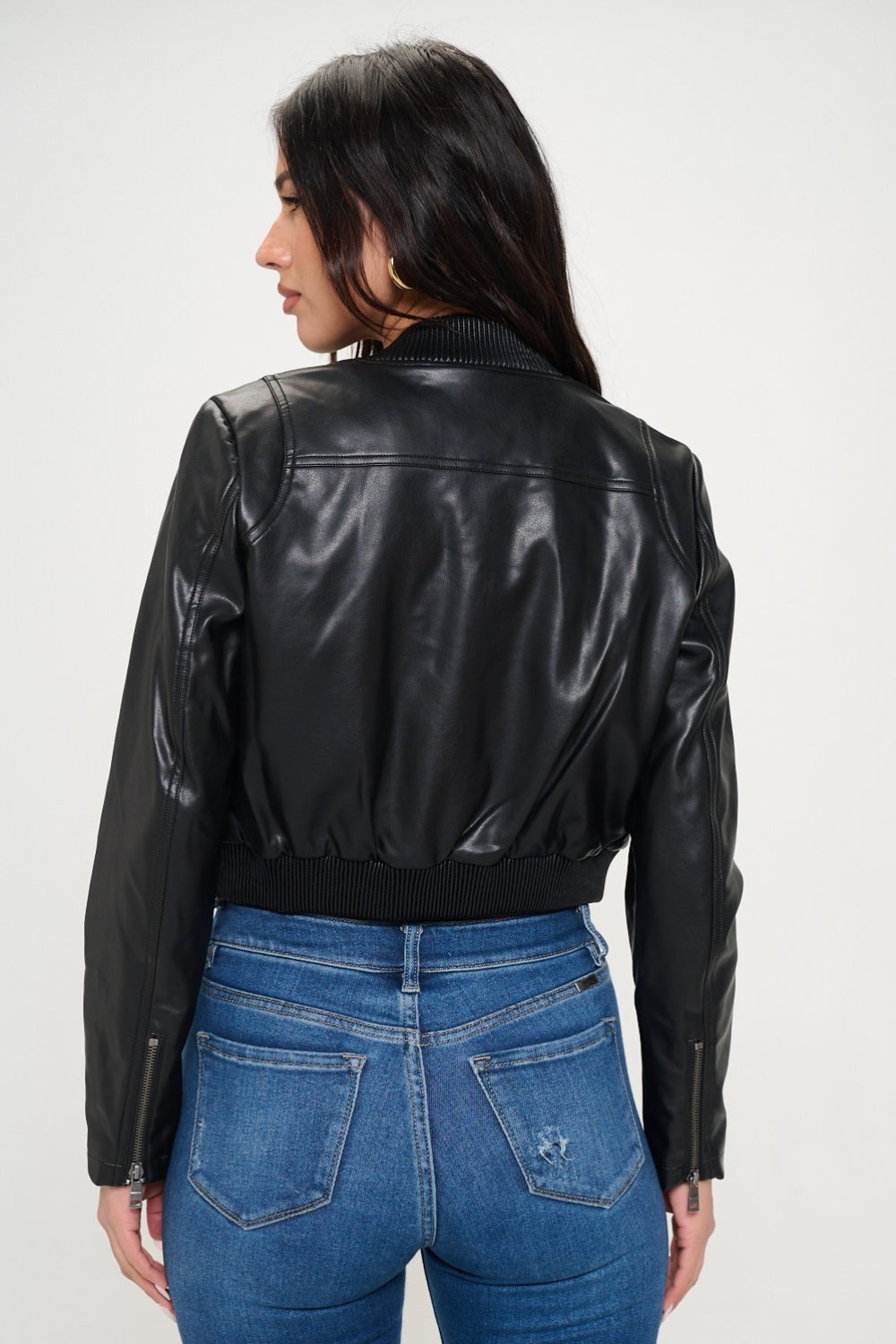 Zip Up Cropped Bomber Vegan Leather Jacket-SMALL-XL