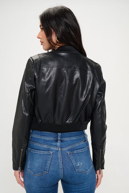Zip Up Cropped Bomber Vegan Leather Jacket-SMALL-XL