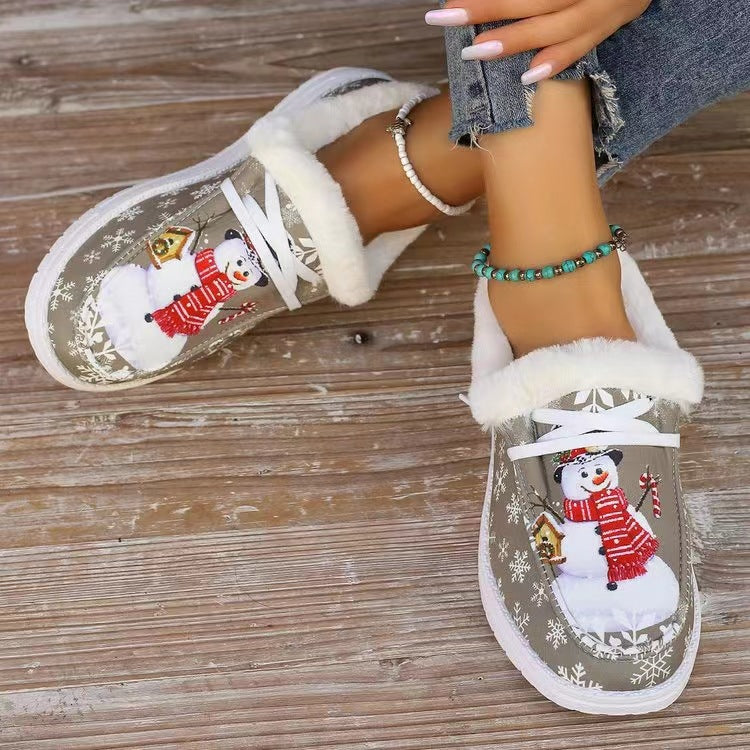 Snowman Print Round Toe Slip-On Loafers (khaki/light blue)