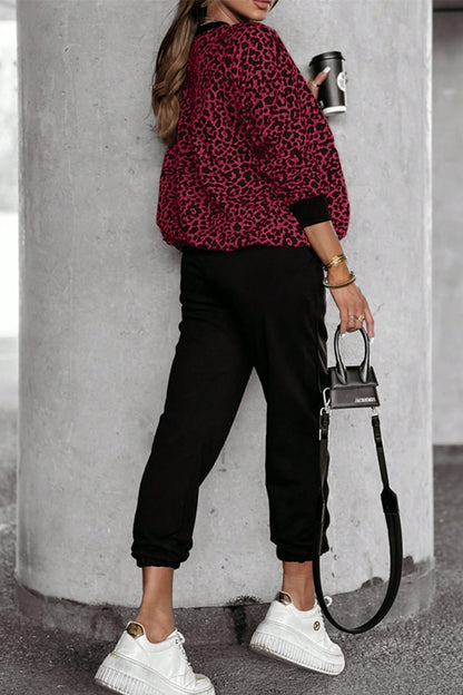 ON SALE::::Letter M Leopard Round Neck Top and Pants Set (white/burgundy/tan)-S-XL