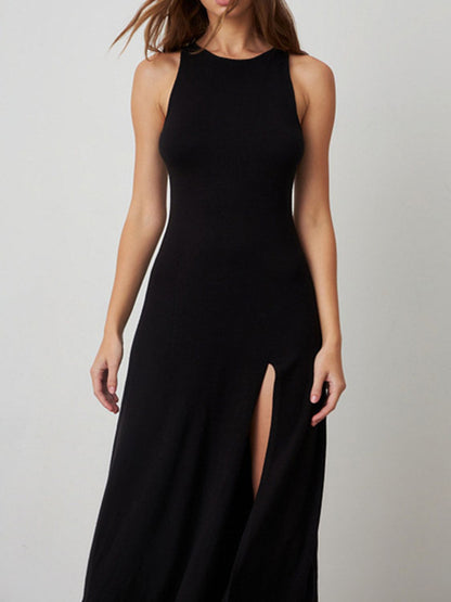 Side Slit Round Neck Sleeveless Dress (white/black/tan)