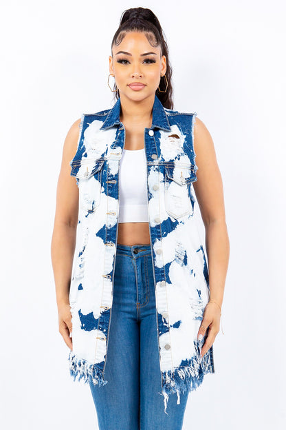 American Bazi Distressed Frayed Edge Longline Denim Vest (S/M/L)