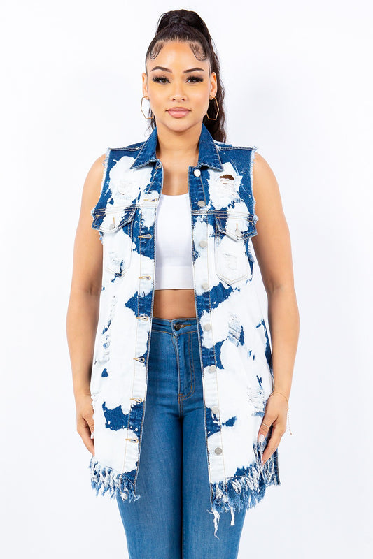American Bazi Distressed Frayed Edge Longline Denim Vest (S/M/L)