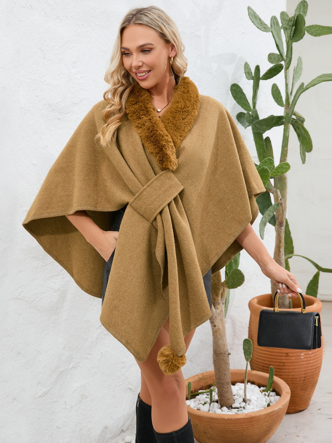Fuzzy Trim Open Front Poncho (grey/black/green/cream/mocha/camel)