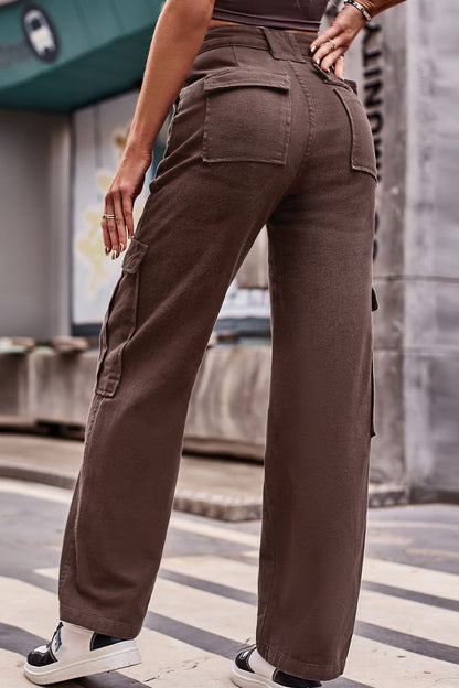 Buttoned High Waist Loose Fit CARGO Jeans-SMALL-2XL (BROWN/BLACK/BLUE)