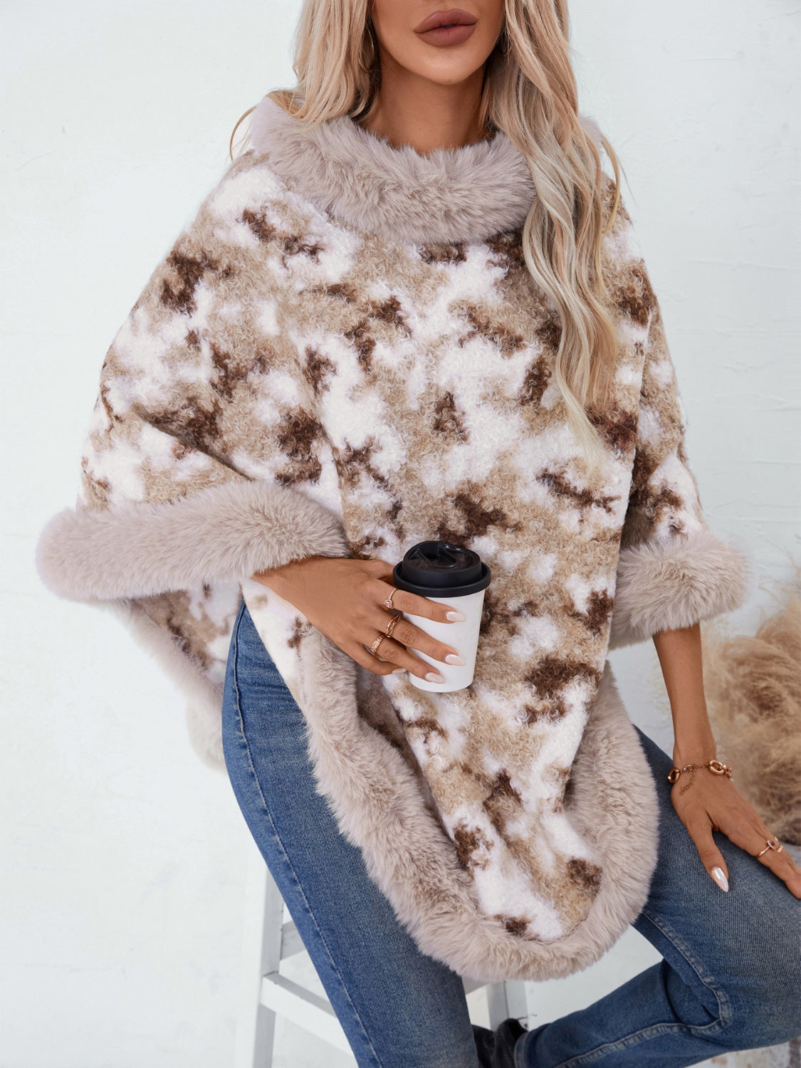 Furry Contrast Three-Quarter Poncho (many colors)