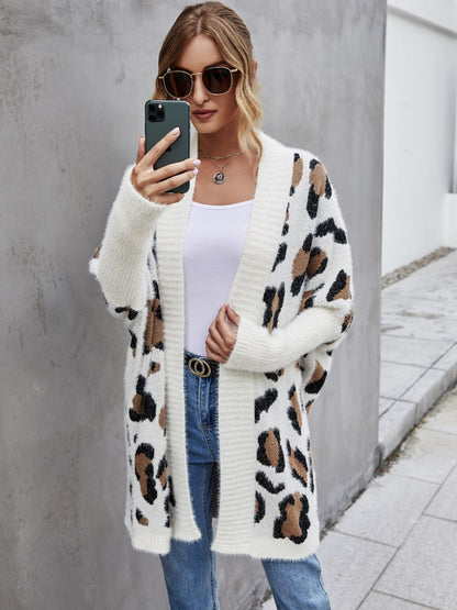Angel Wings Leopard Pattern Fuzzy Cardigan (white/grey/khaki)-S-XL