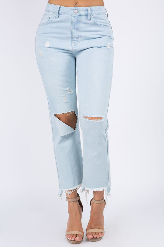 American Bazi High Waist Distressed Raw Hem Jeans-SIZE 1-13