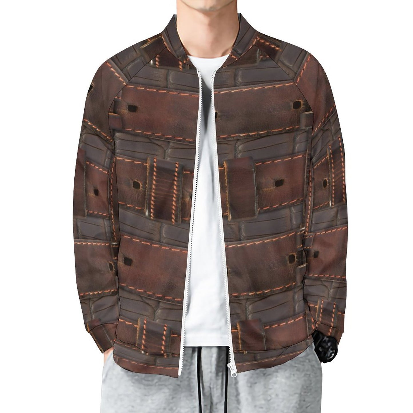 RUGGED LEATHER BUCKLE Print Raglan Zipper Jacket-SMALL-5XL