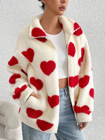 Heart Zip Up Drop Shoulder Furry Jacket (red/brown/black)-SMALL-2XL
