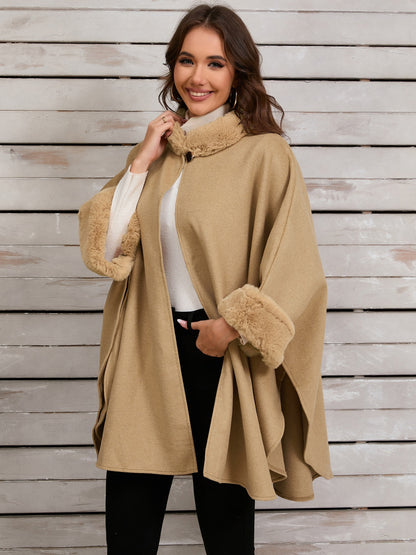 Fuzzy Trim Long Sleeve Poncho (tan/grey/black)